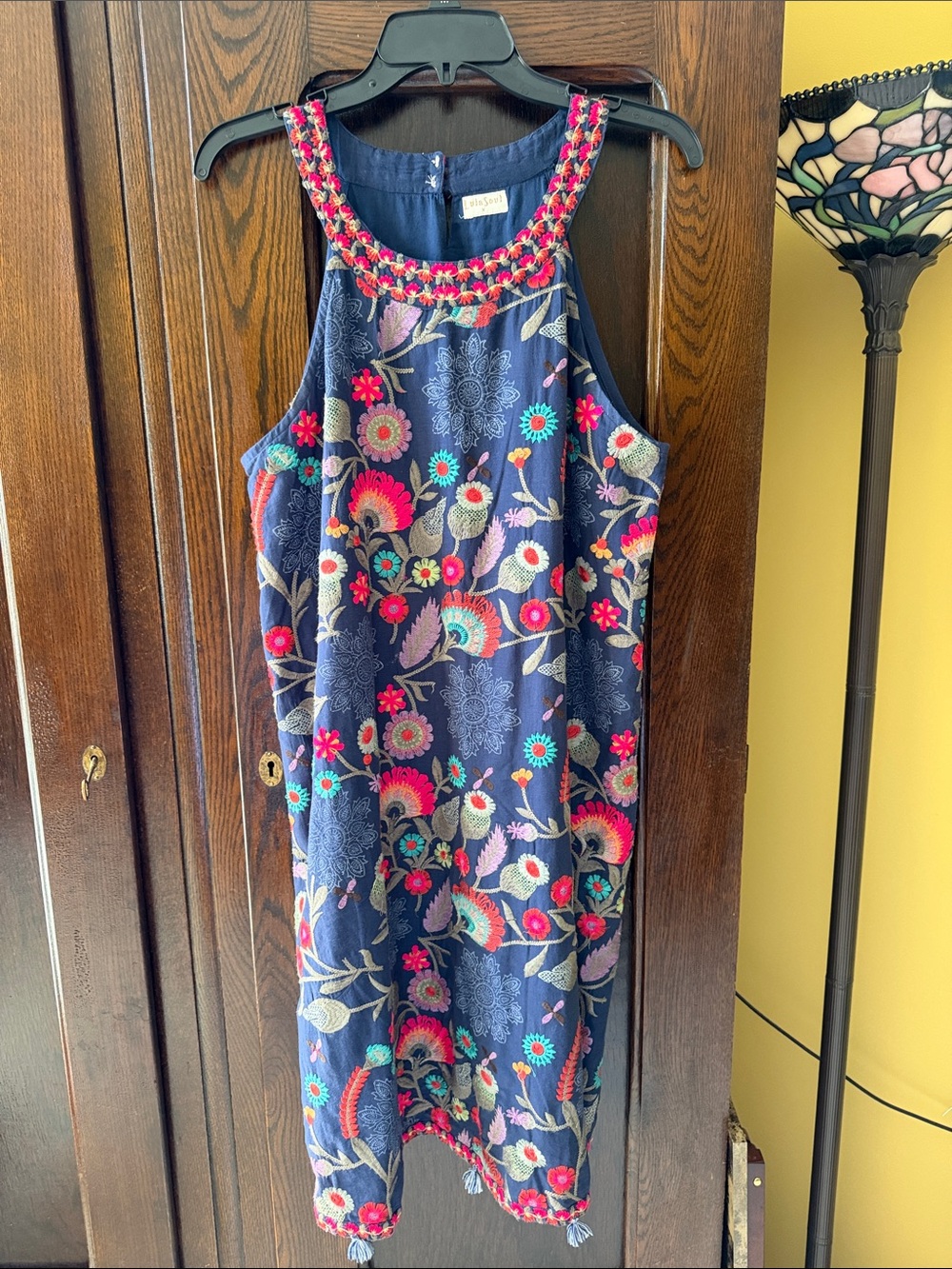 Navy Floral Embroidered Halter 100% Cotton Resort Style Dress